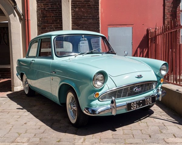 Vintage Mint Green Car by Rustic Brick Wall