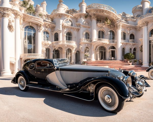 Vintage Luxury Car in Front of Opulent Mansion