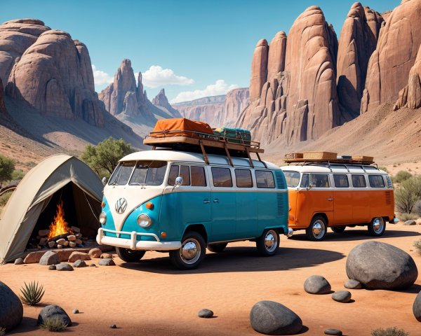 Vintage Volkswagen Vans in Desert Landscape Scene