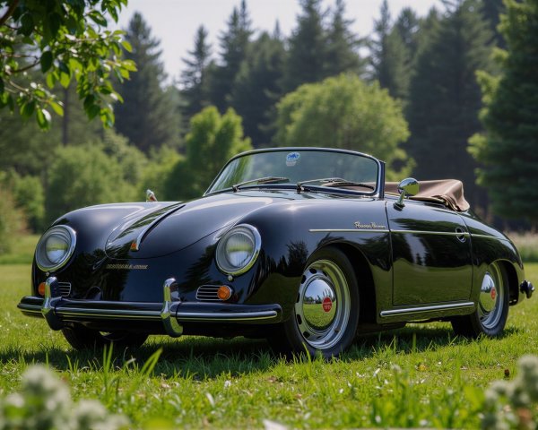 Vintage Black Porsche Speedster Convertible on Lawn