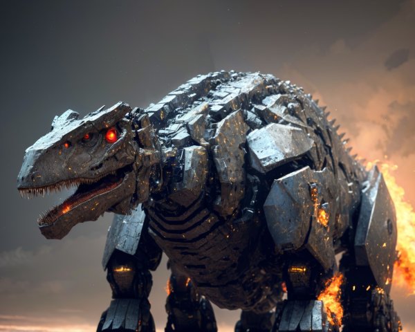 Robotic Dinosaur with Flames Against Dramatic Sky