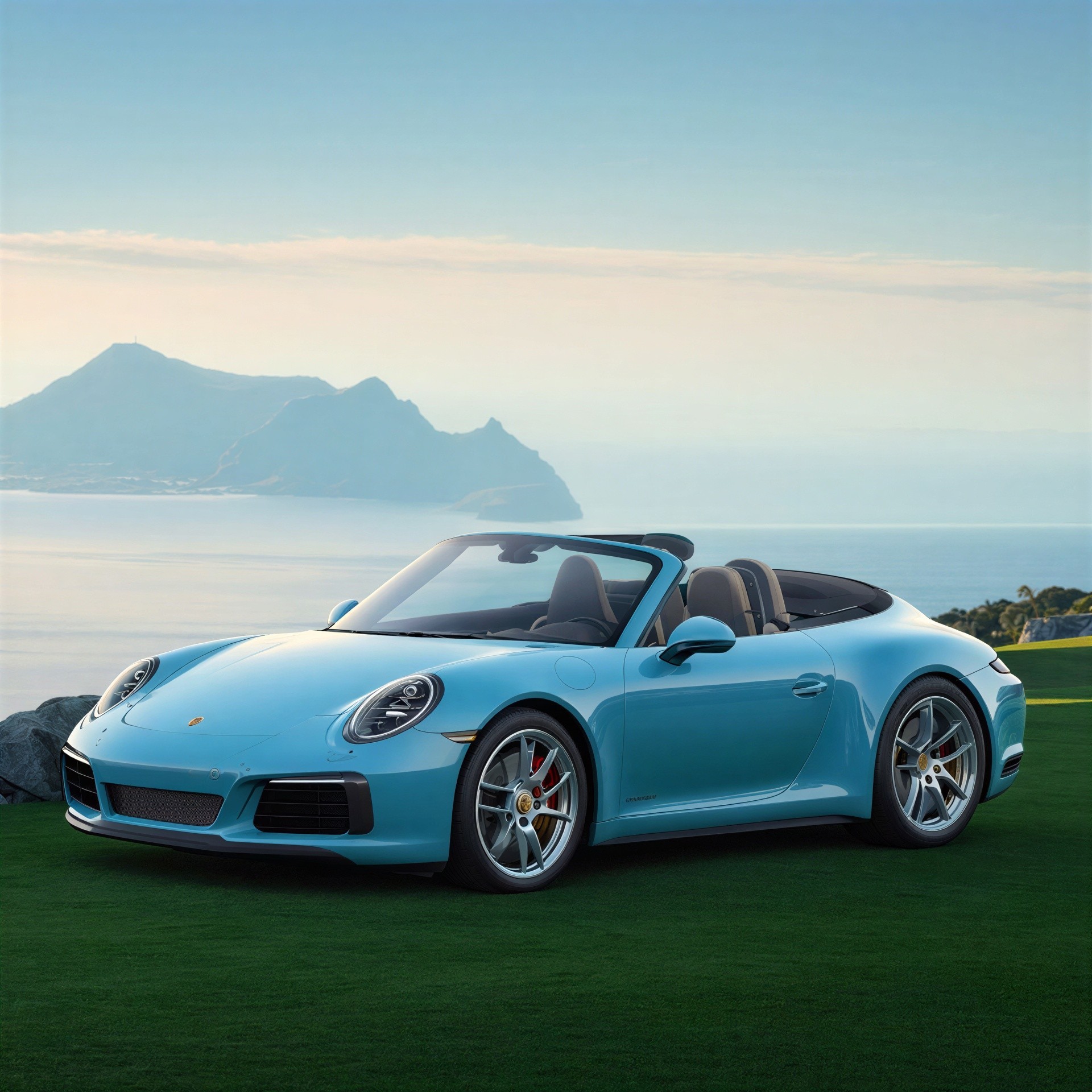Light Blue Porsche 911 Carrera Convertible on Green Lawn
