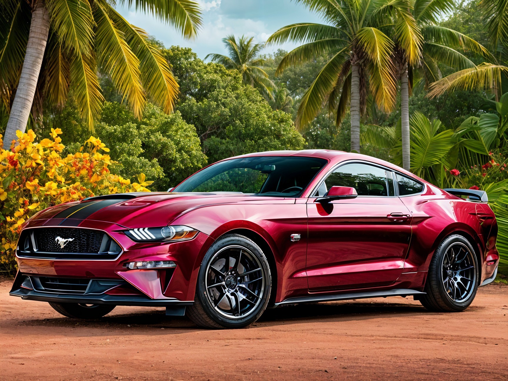Red Sports Car in Tropical Setting with Palm Trees