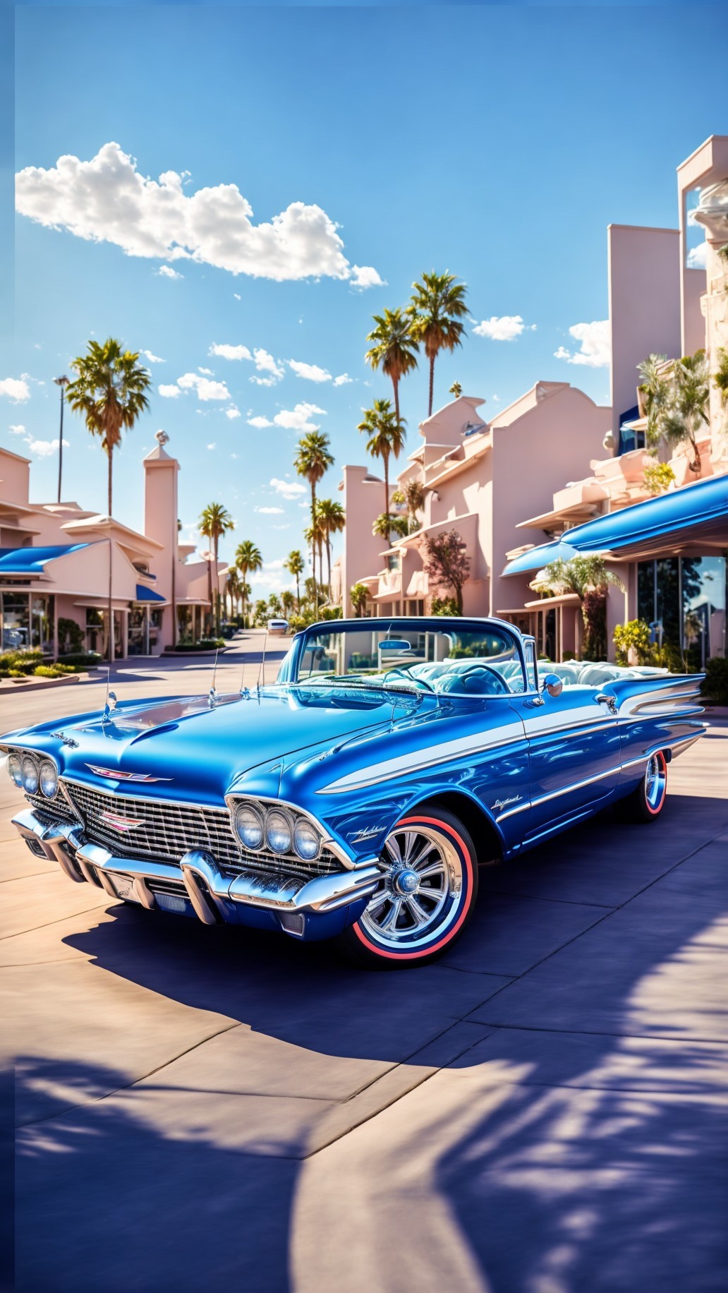 Classic Blue Convertible on Palm-Lined Street