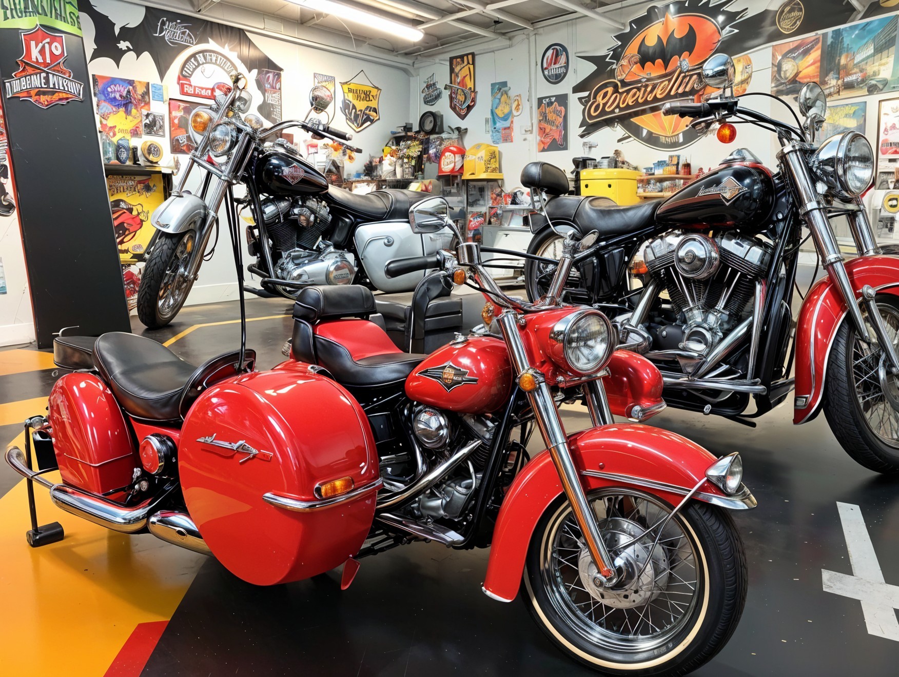 Retro Garage with Vibrant Red 1965 Harley-Davidson Motorcycle with sidecar