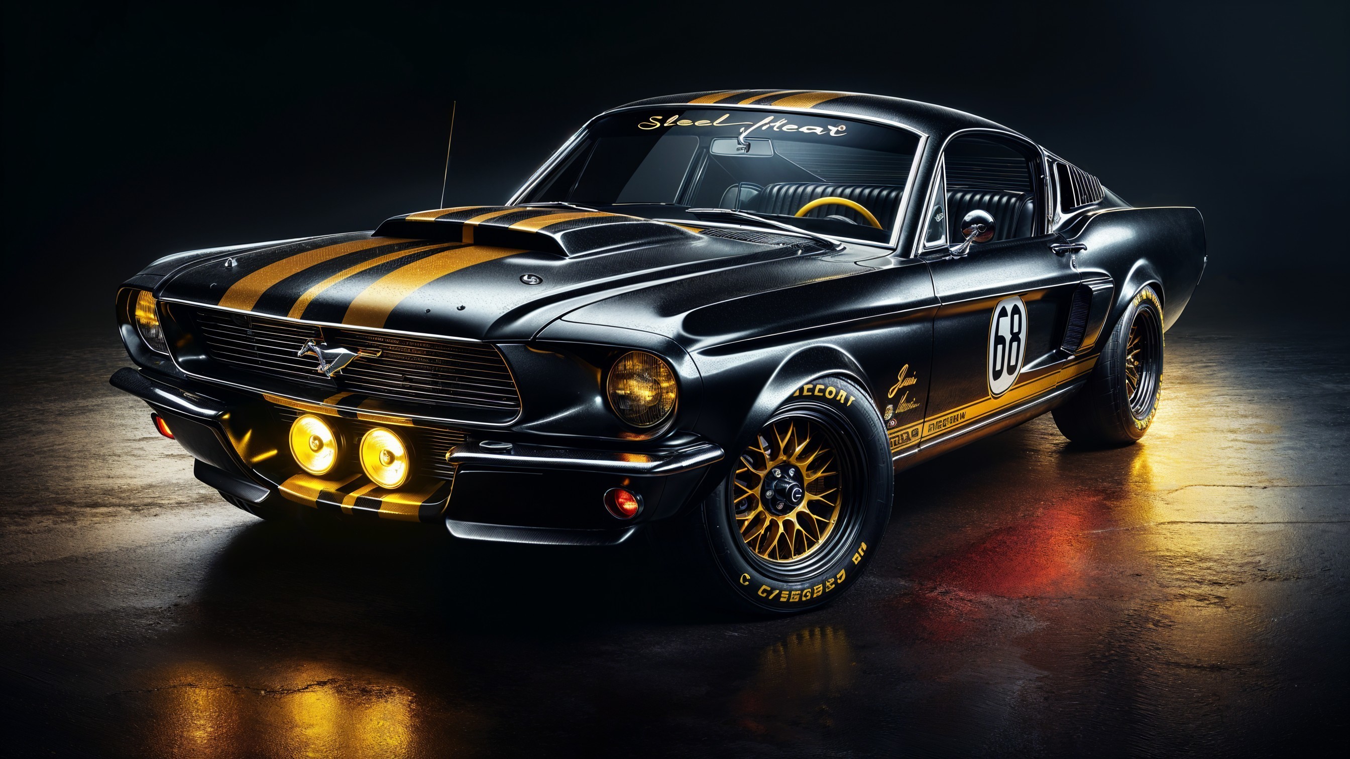 Black Vintage Muscle Car with Yellow Racing Stripes