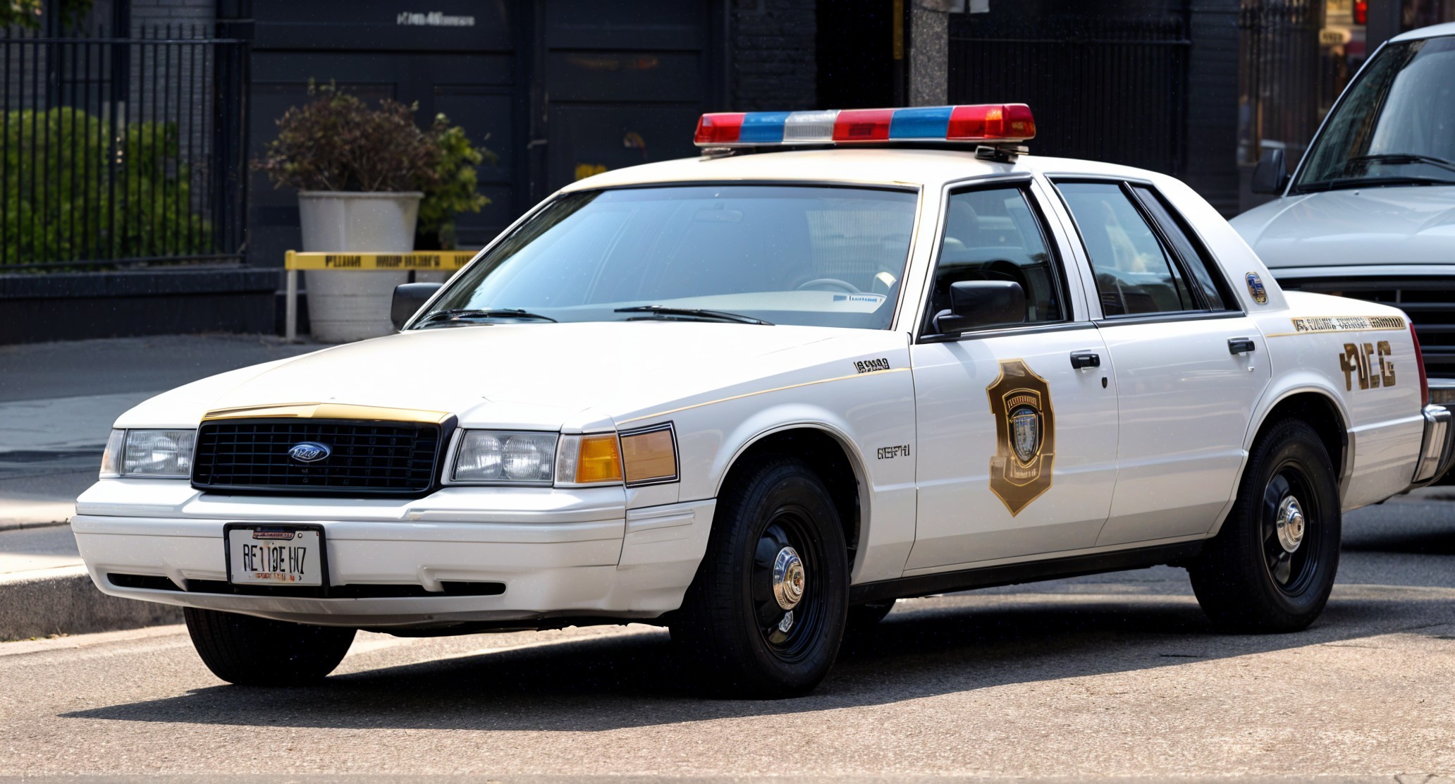 White Police Car with Emblem and Light Bar in City