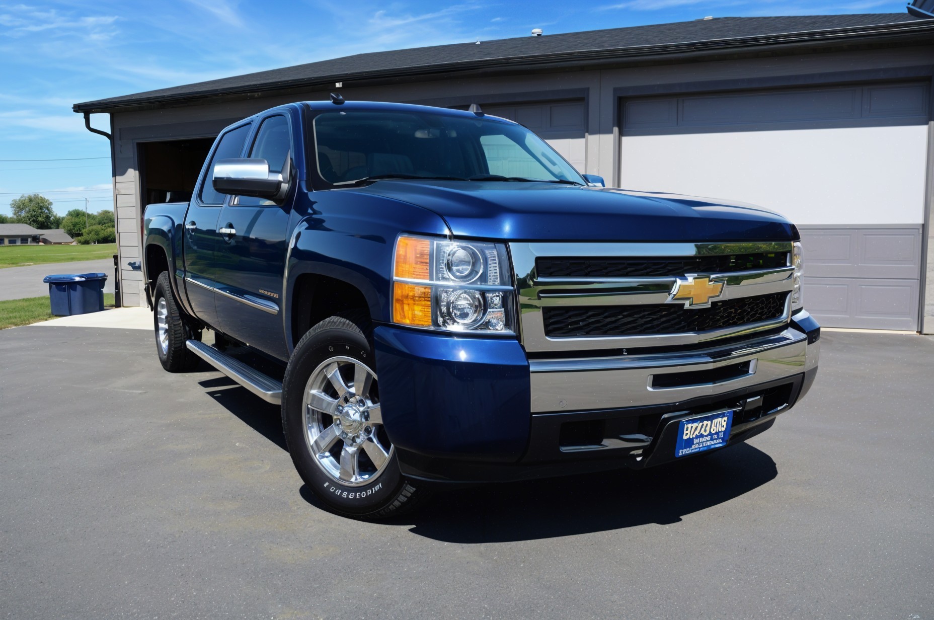 Shiny Blue Chevrolet Pickup Truck in Front of Garage