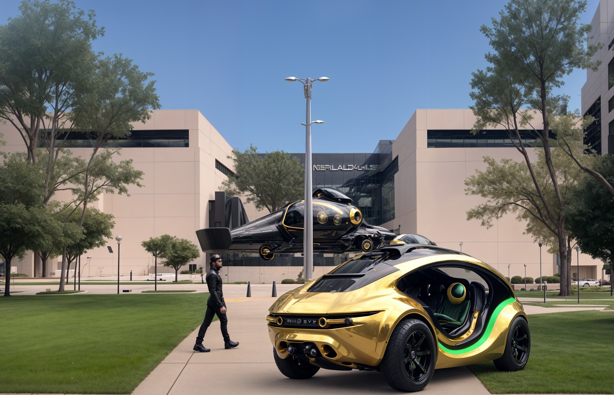 Futuristic Car and Helicopter in Modern Setting