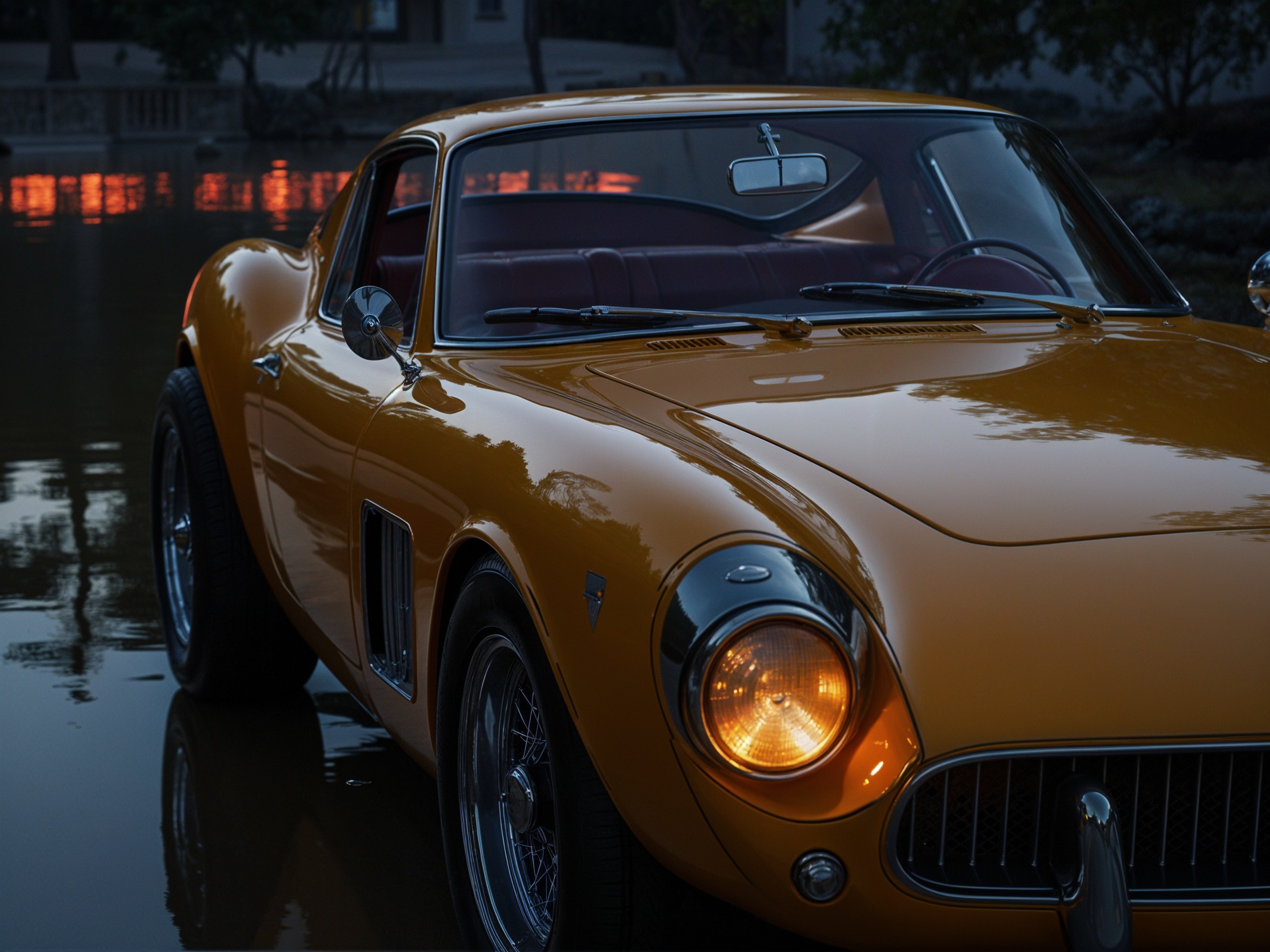 Vintage Car by Water at Dusk with Orange Hues