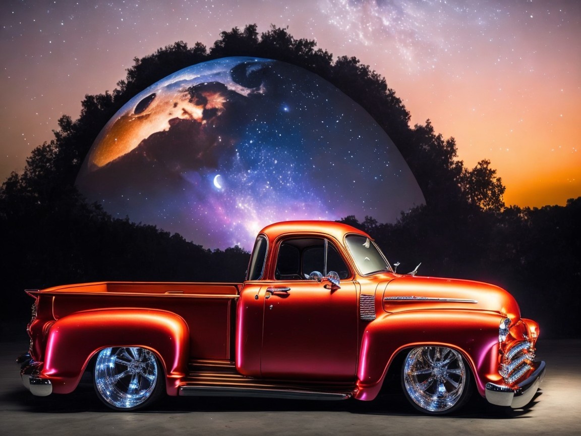 Vintage Truck Against Cosmic Nebula Backdrop