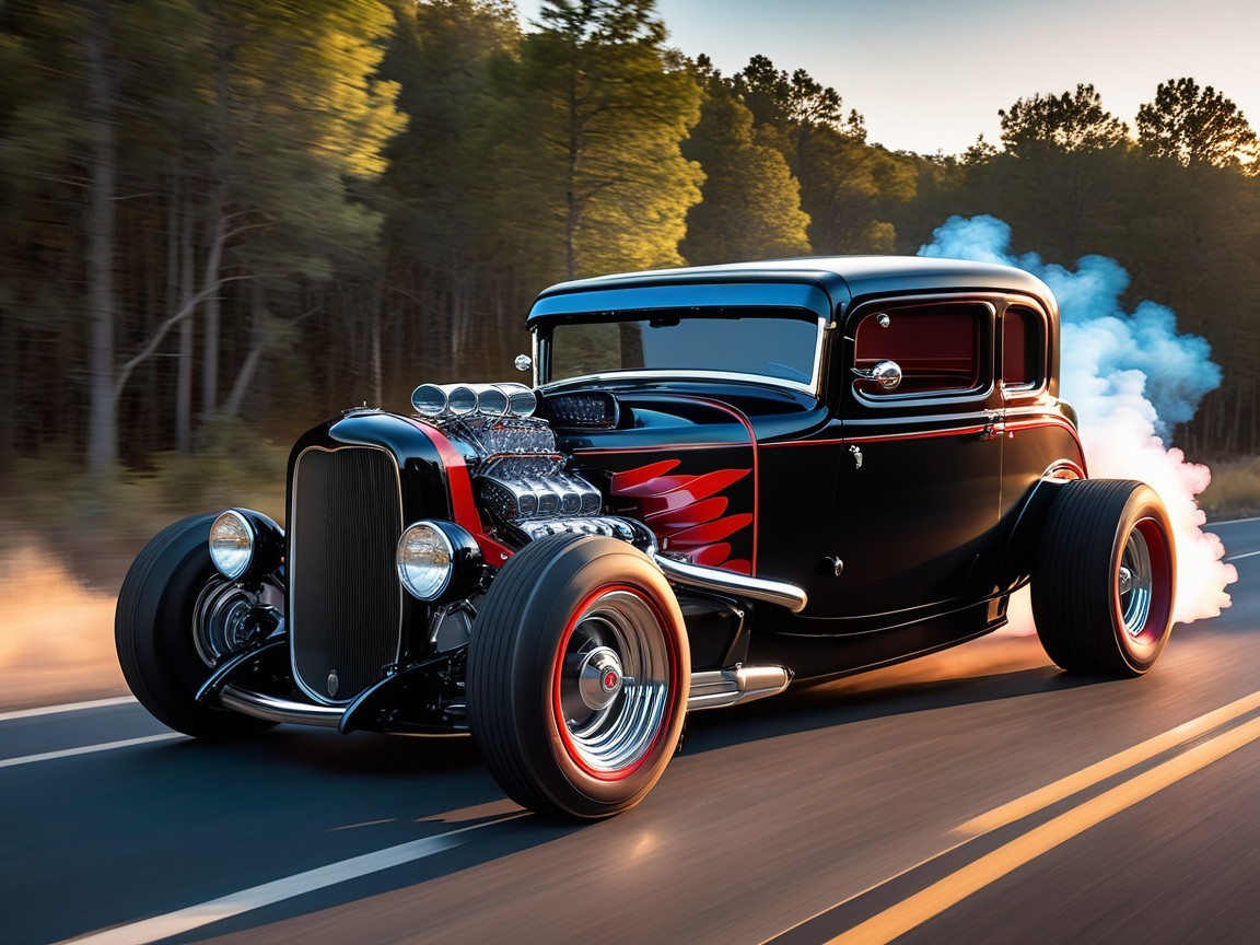 Classic hot rod on tree-lined road at sunset