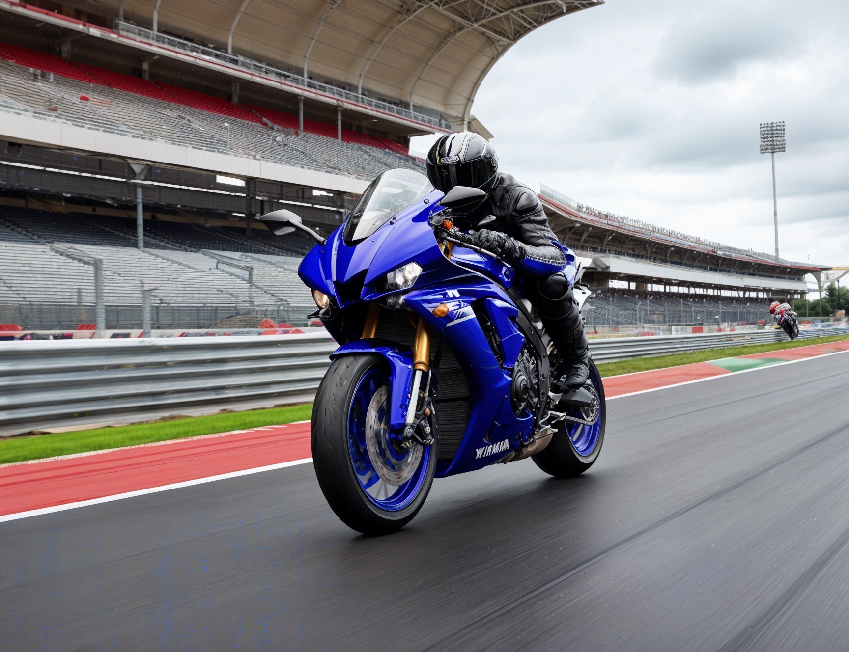 Rider in Black Gear on Blue Motorcycle at Racetrack