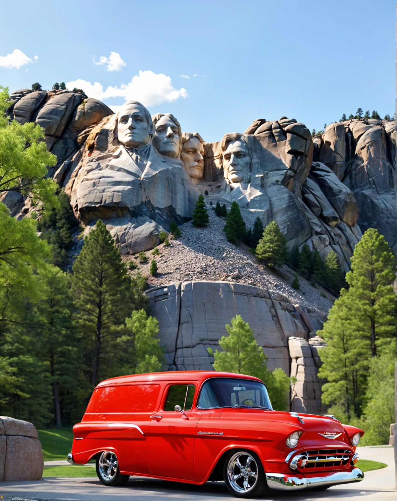 Red Vintage Van at Mount Rushmore with Scenic Background