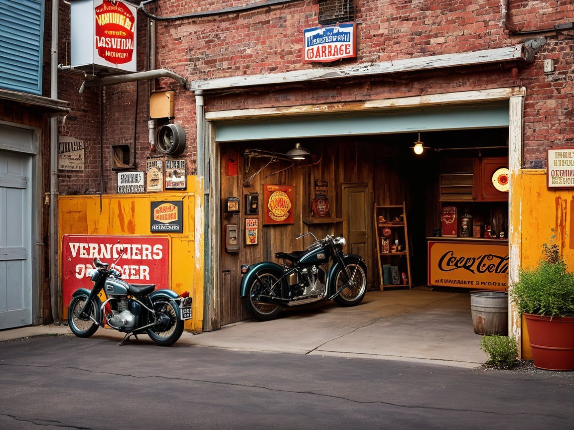 Vintage Garage with Classic Motorcycles and Decor