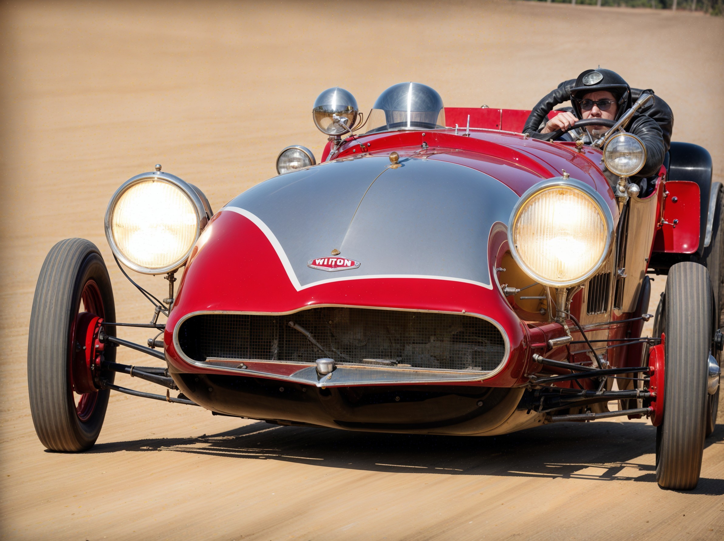 Vintage Red Racing Car on Dusty Track with Driver
