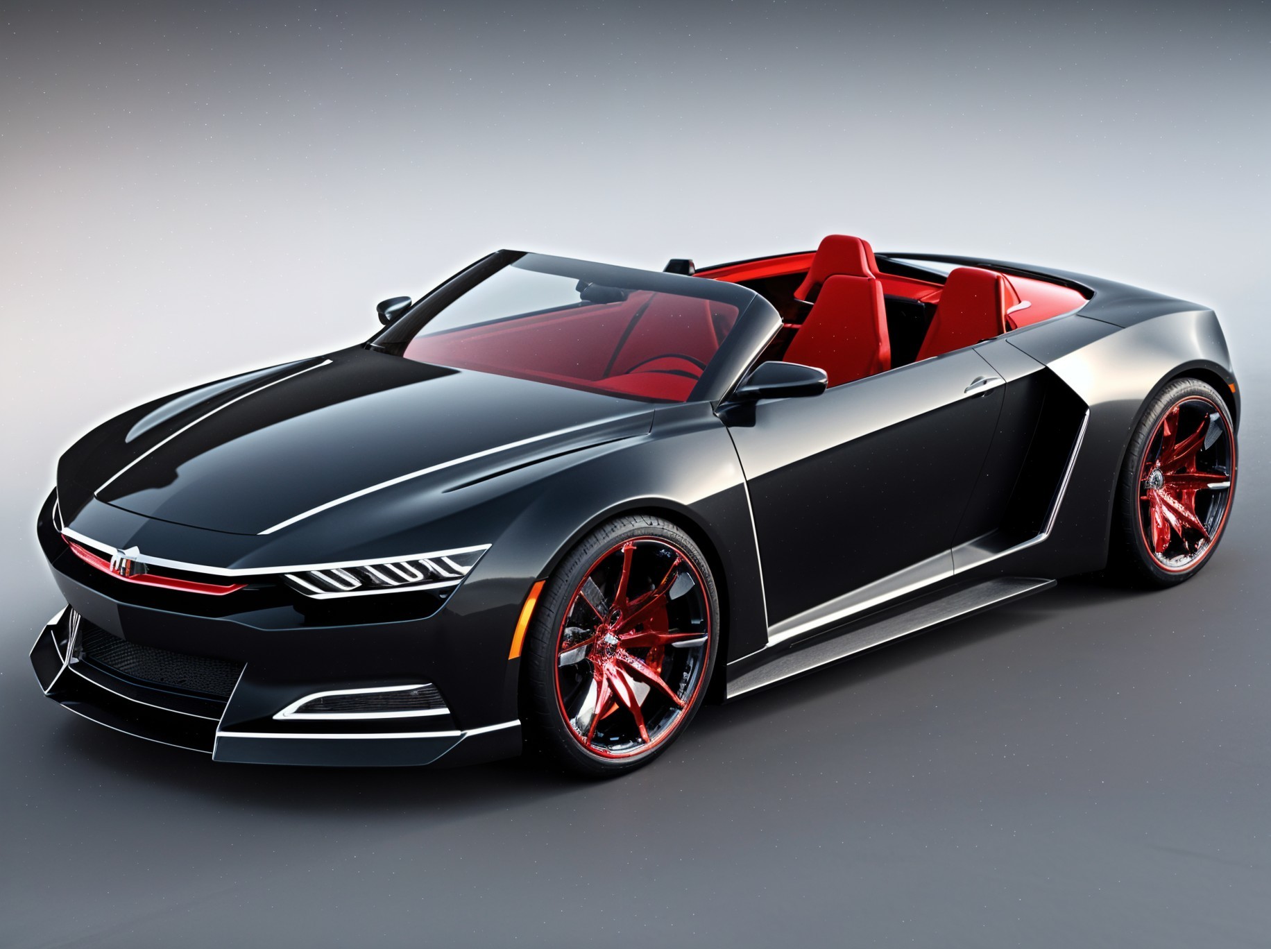 Sleek Black Convertible Car with Red Leather Interior