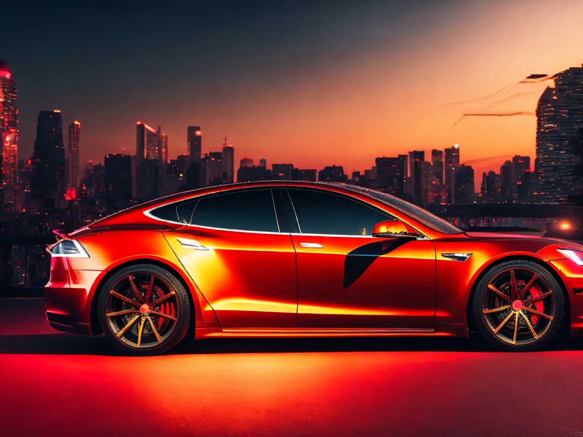 Red Tesla Model S Against Sunset Skyline Background