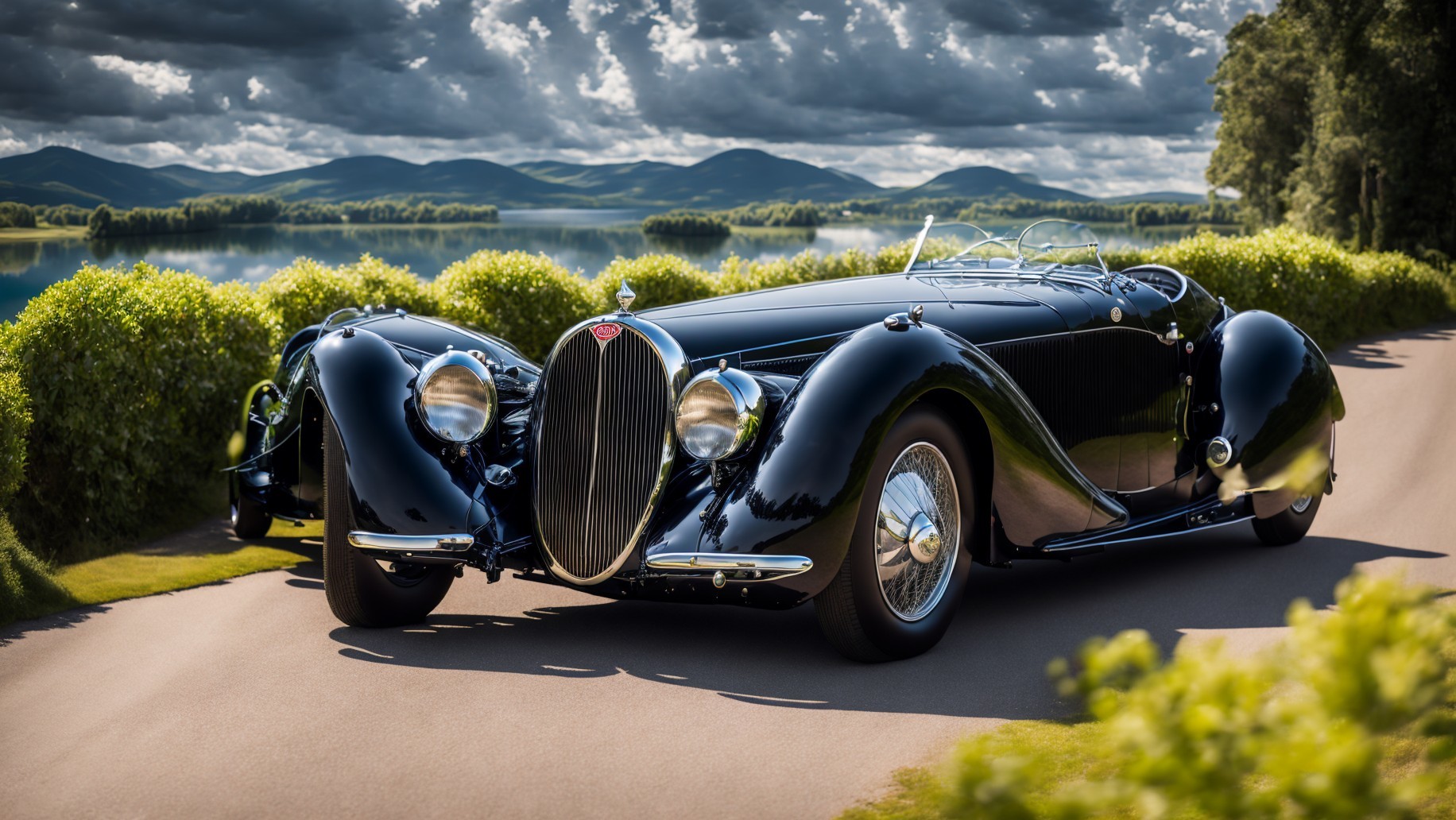 Classic Black Bugatti Convertible on Scenic Road