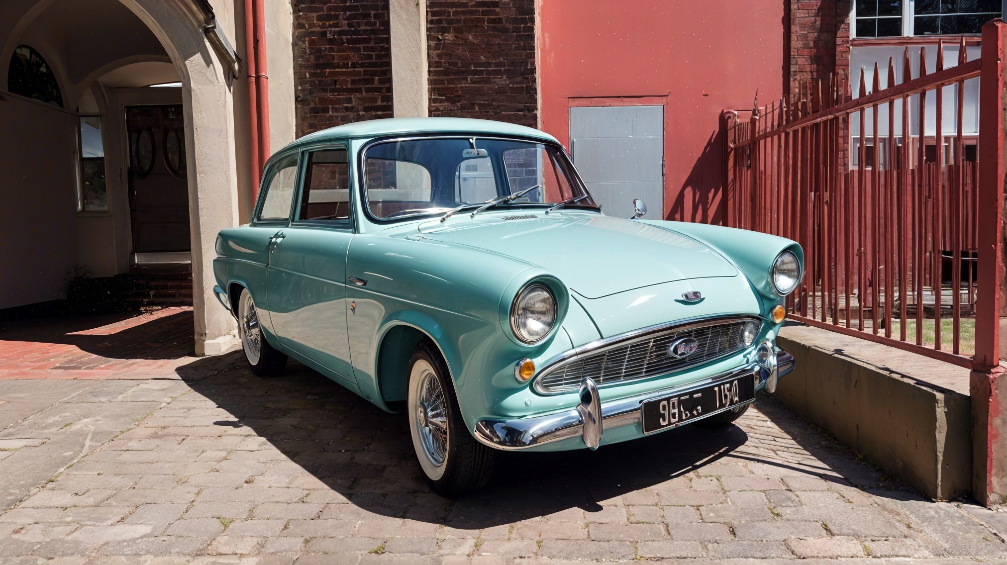 Vintage Mint Green Car by Rustic Brick Wall