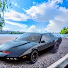 Black Sports Car by a Serene Lake with Trees