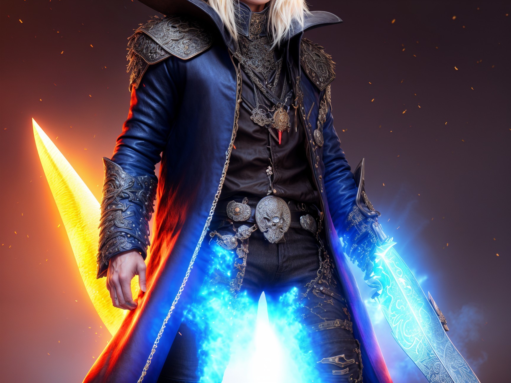 Fierce Warrior in Dark Ornate Coat with Glowing Sword