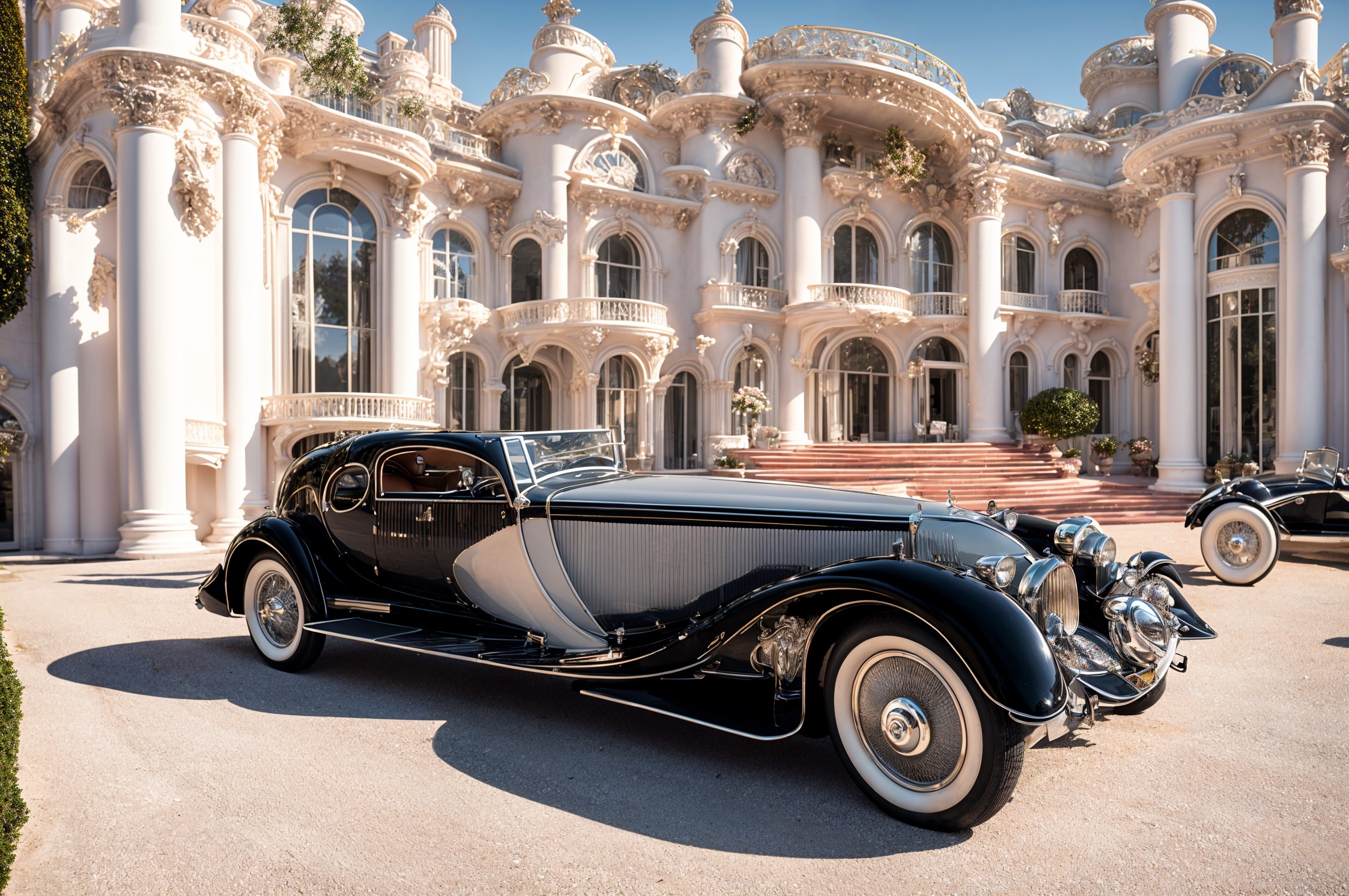 Vintage Luxury Car in Front of Opulent Mansion