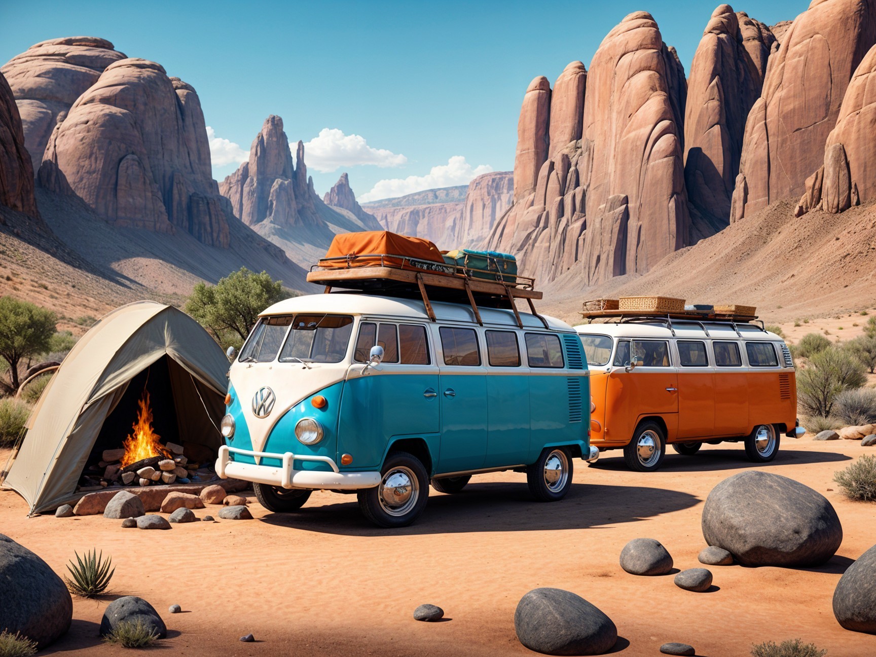 Vintage Volkswagen Vans in Desert Landscape Scene