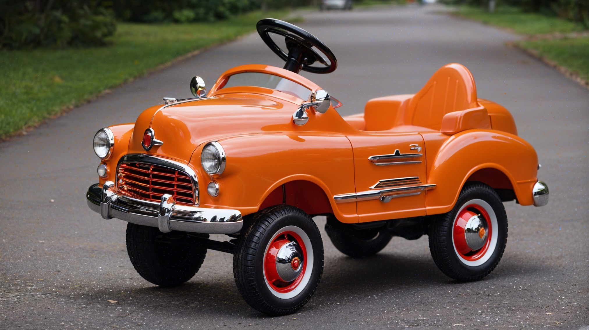 Vibrant Orange Vintage-Style Pedal Car Description