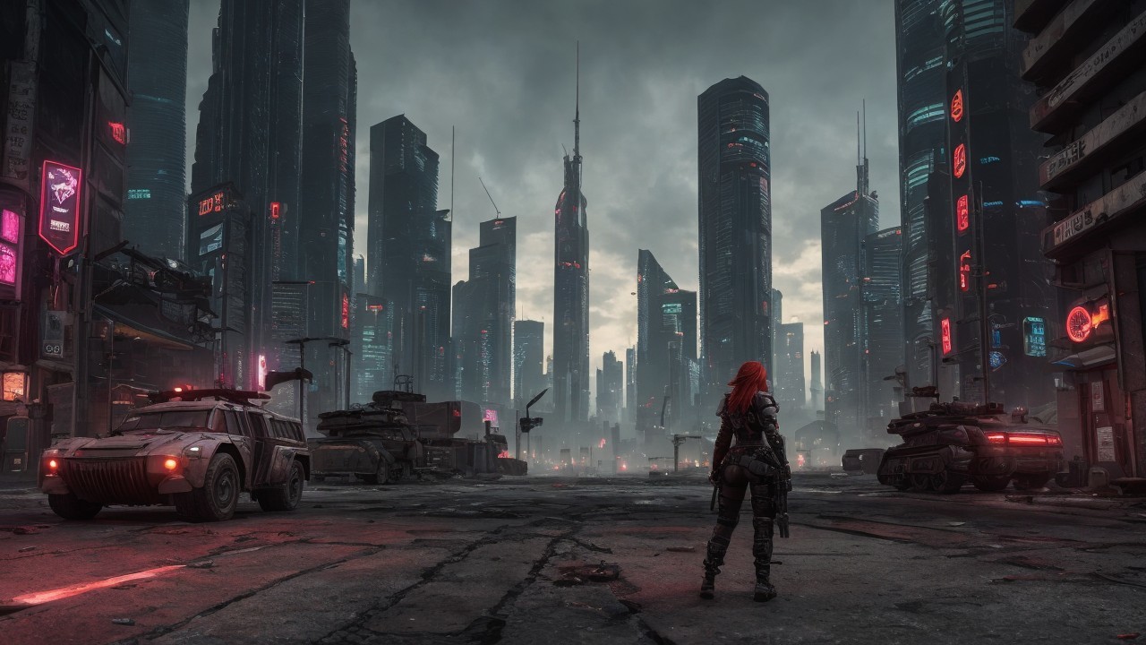 Dystopian Cityscape with Neon Lights and Skyscrapers