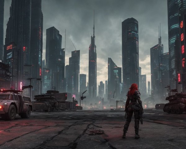 Dystopian Cityscape with Neon Lights and Skyscrapers