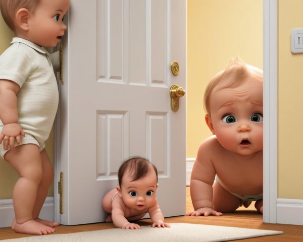 Whimsical Cartoon Scene of Three Babies in Cozy Room