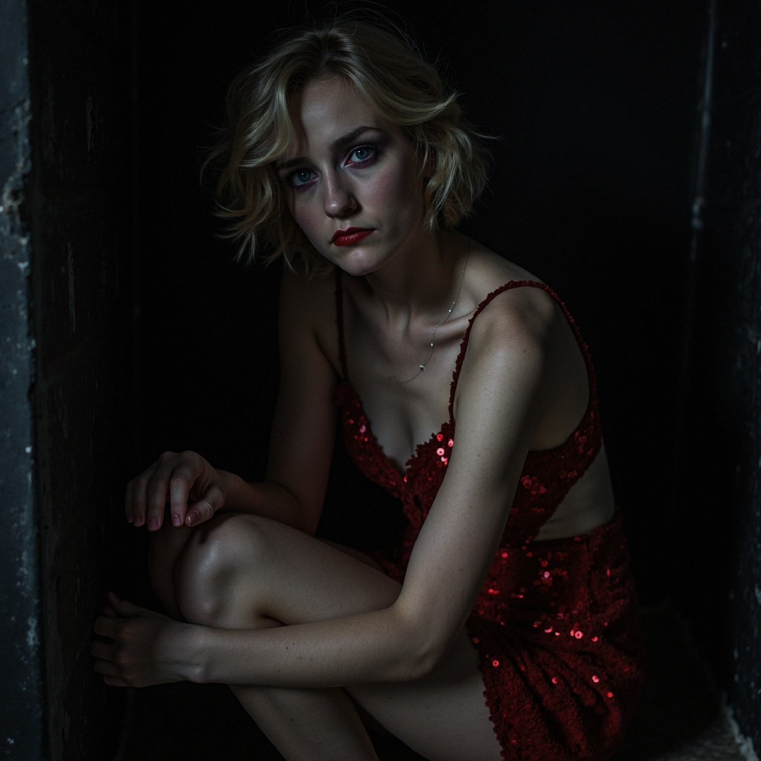 Young Woman in Red Dress in Dimly Lit Setting