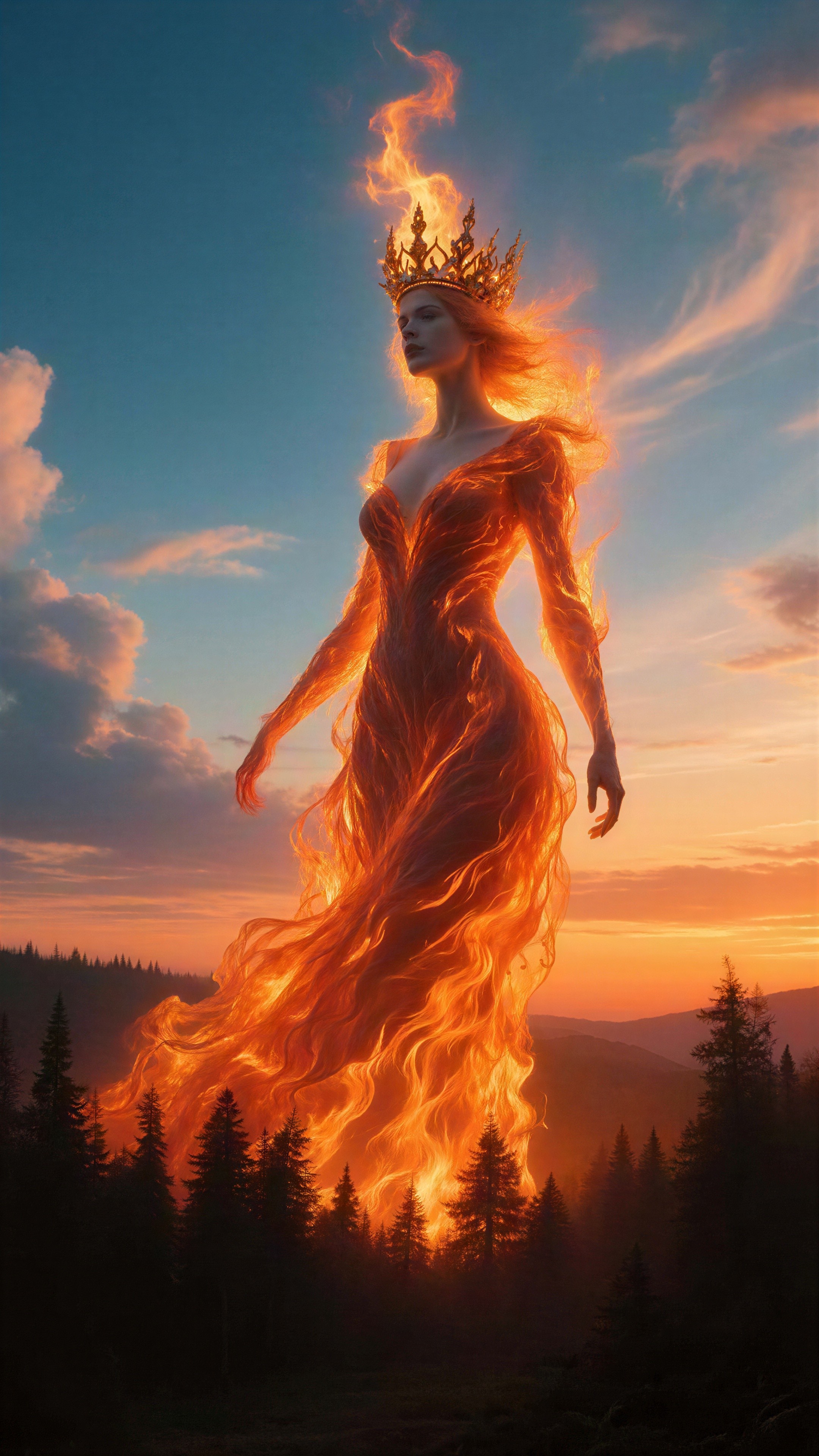 Fantasy Digital Painting of a Fiery Woman in Forest