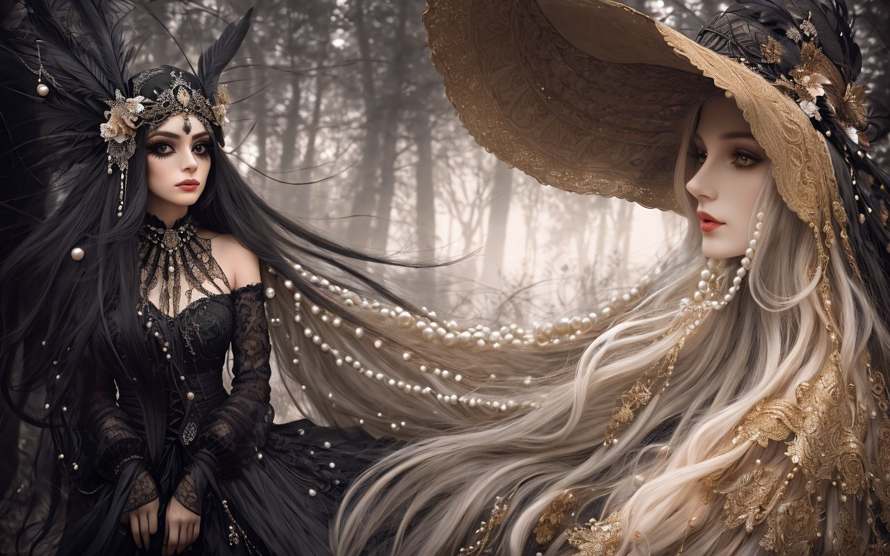 Ethereal Figures in Misty Forest with Elaborate Attire