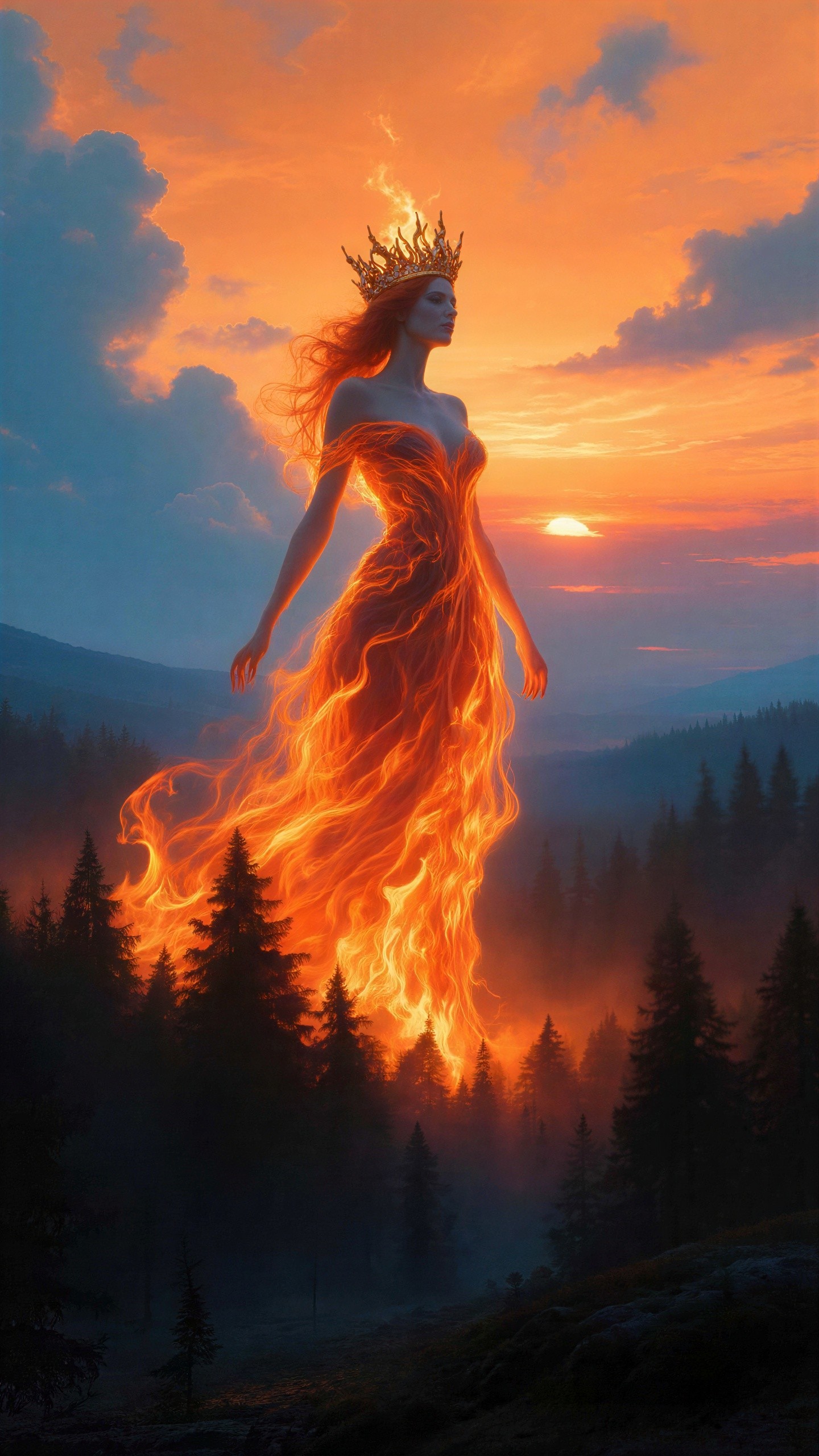 Goddess-like Woman with Fiery Crown and Dress