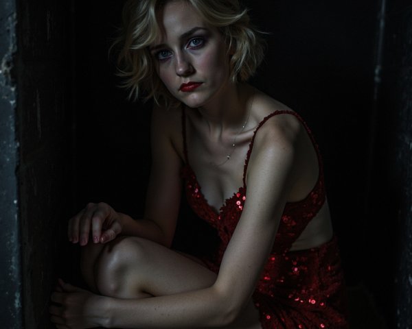 Young Woman in Red Dress in Dimly Lit Setting