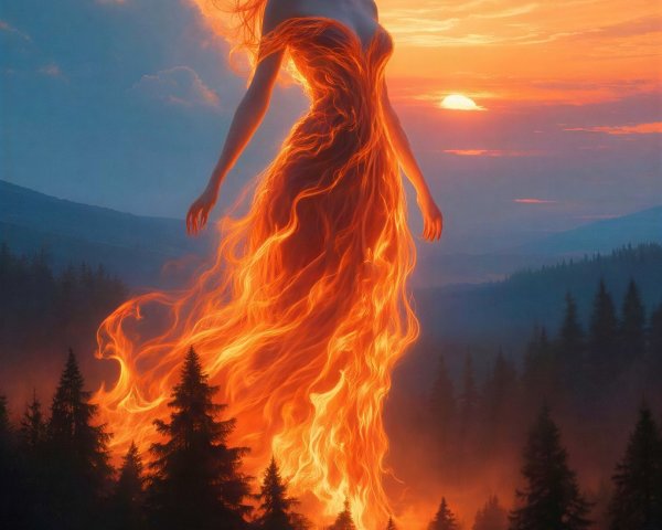 Goddess-like Woman with Fiery Crown and Dress