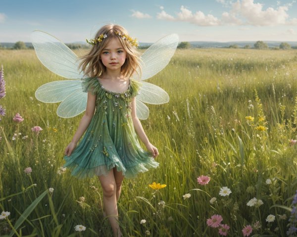 Baby fairy in field of grass and wildflowers
