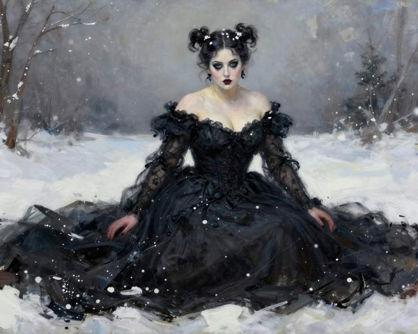 Gothic Woman in Black Dress Amid Snowy Landscape