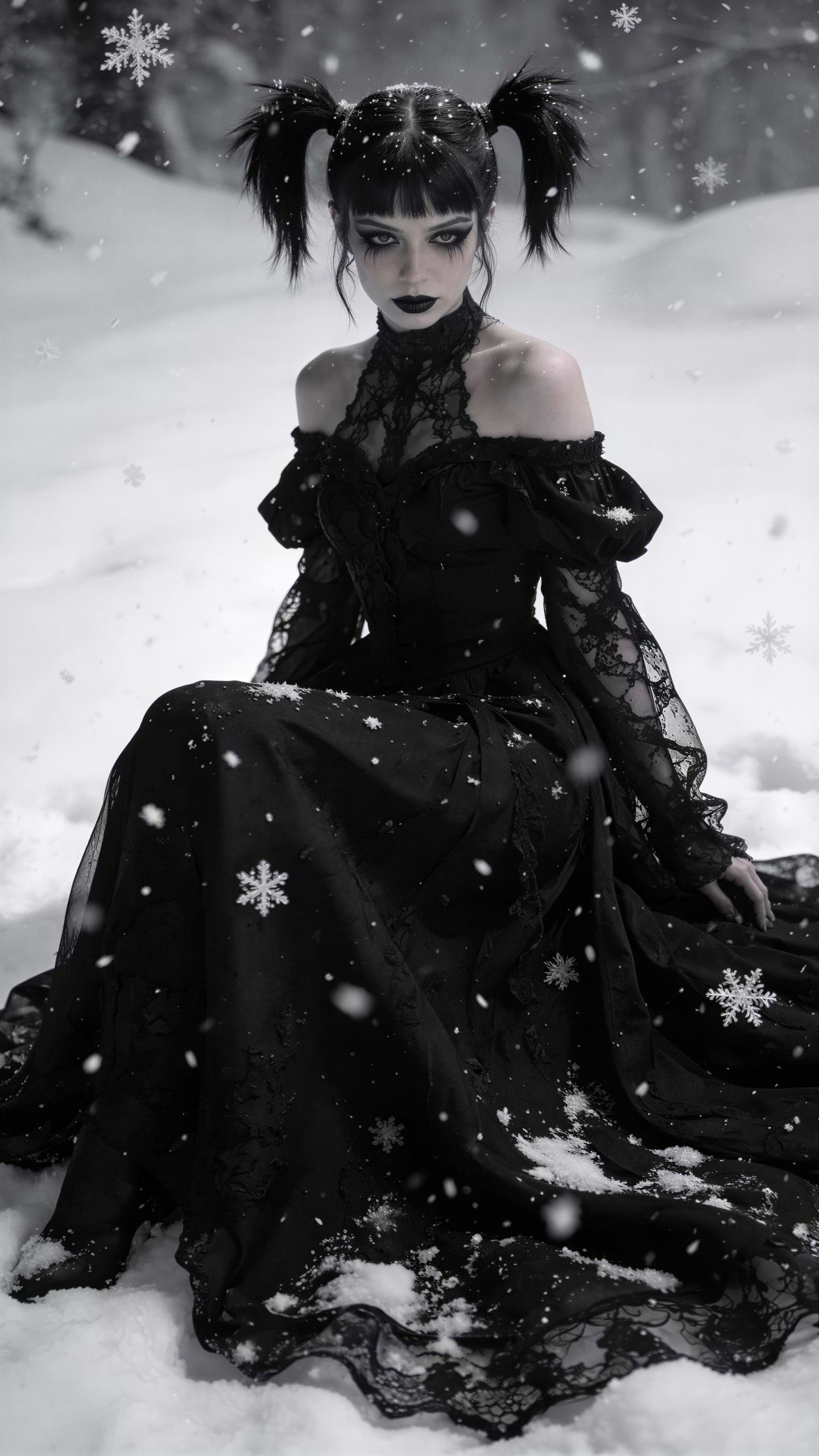 Gothic Woman in Victorian Dress in Snowy Forest