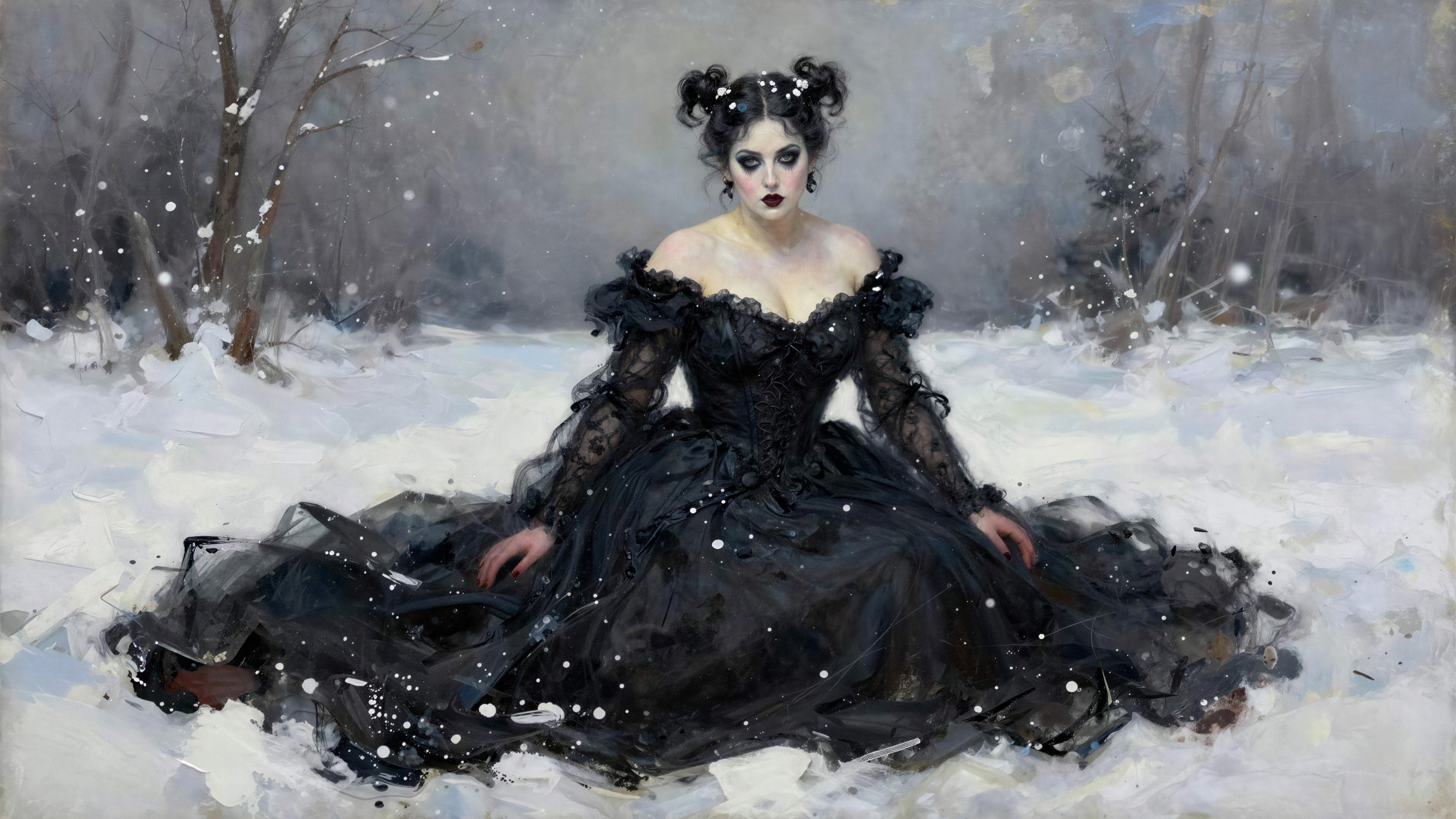 Gothic Woman in Black Dress Amid Snowy Landscape