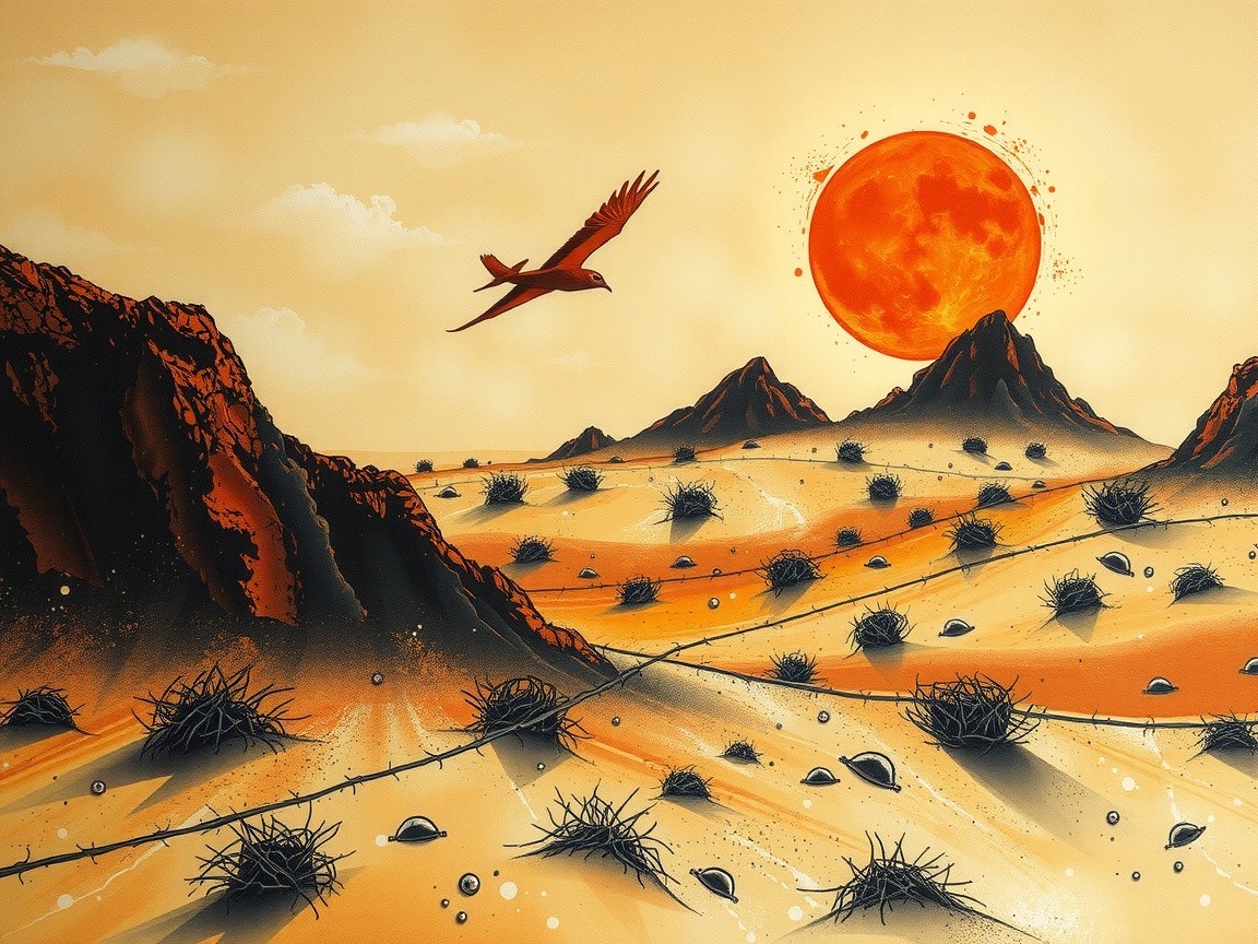 Vibrant Desert Landscape with Sunset and Bird Silhouette