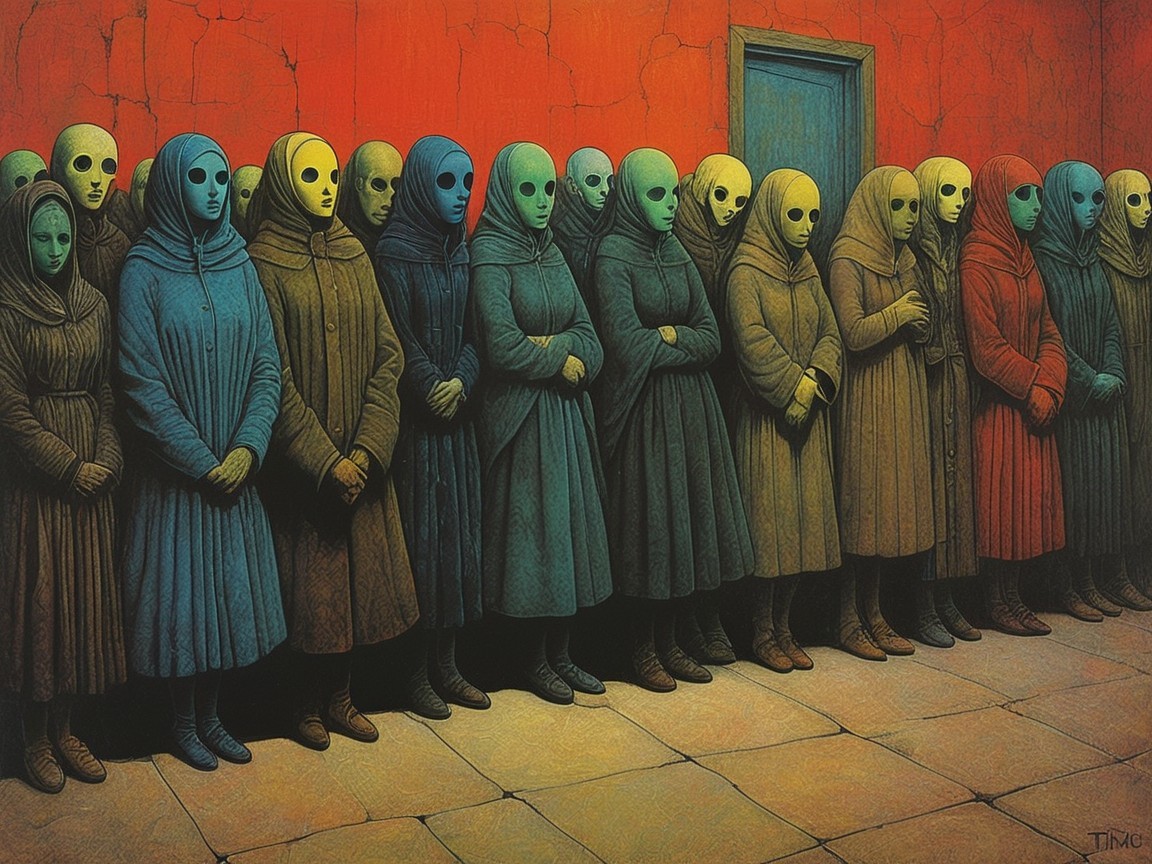 Hooded Figures Against Red Wall and Blue Door