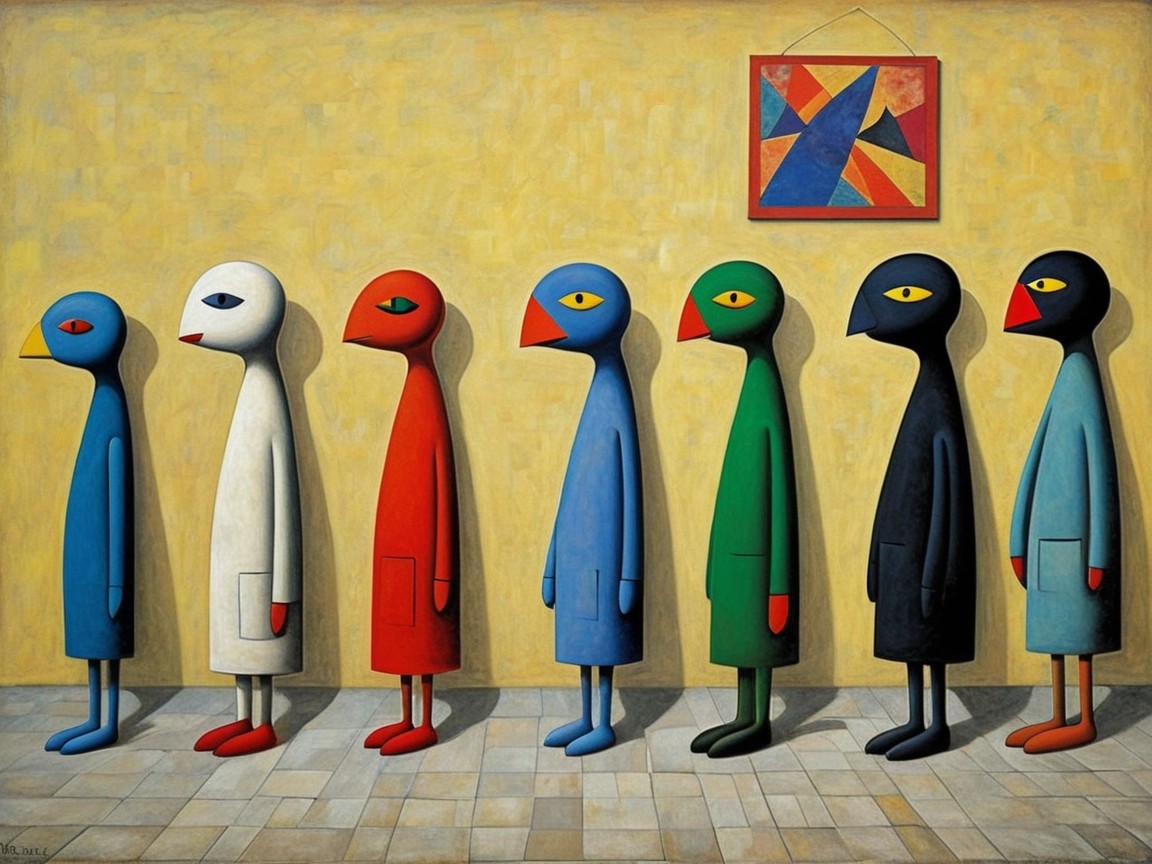 Abstract Figures in Colorful Styles Against Yellow Wall