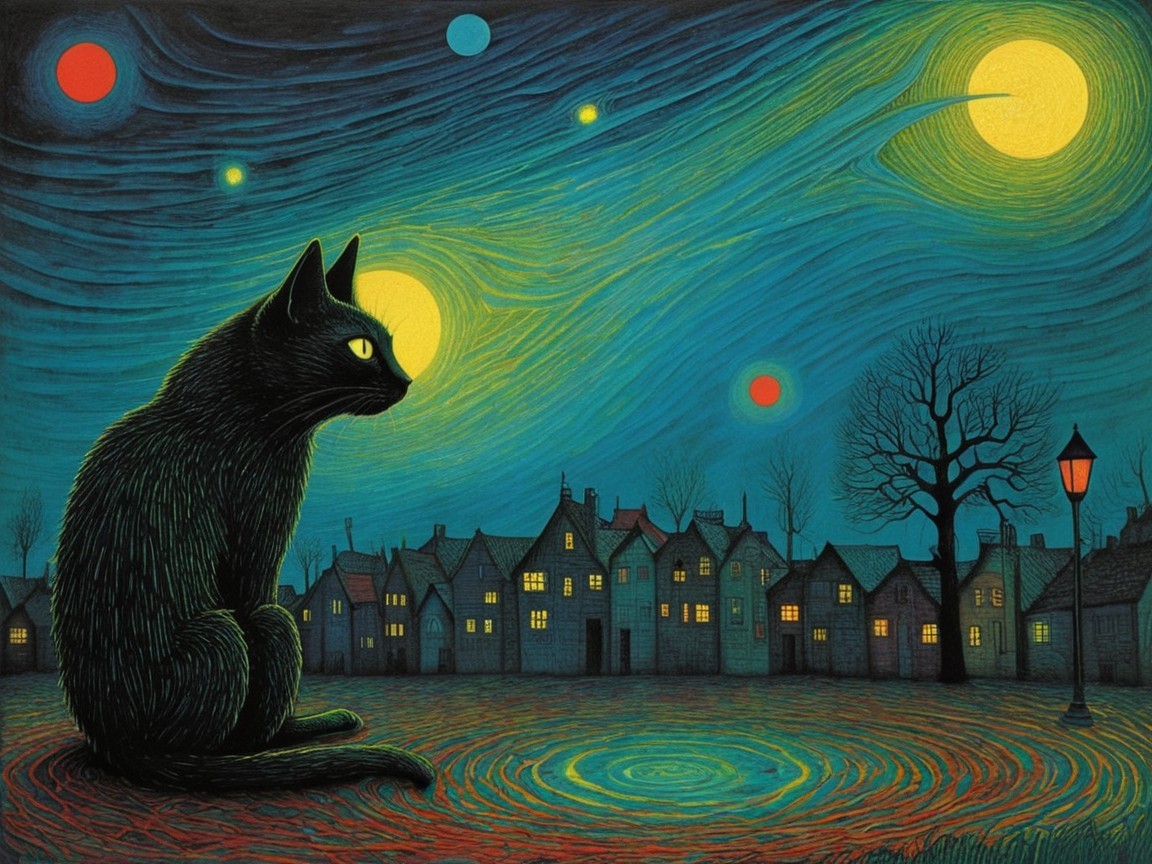 Surreal Scene of a Cat Against Night Skies