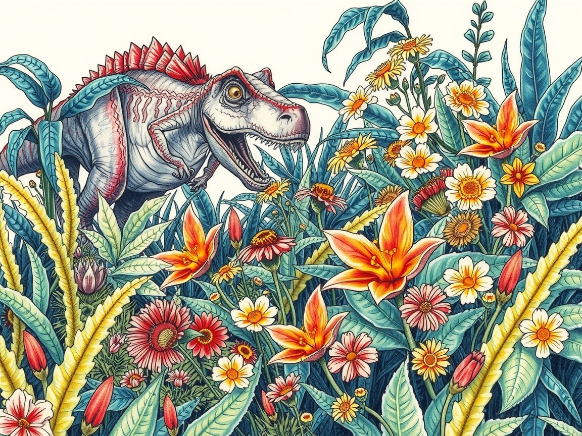 Vibrant Dinosaur Illustration in Lush Jungle Foliage