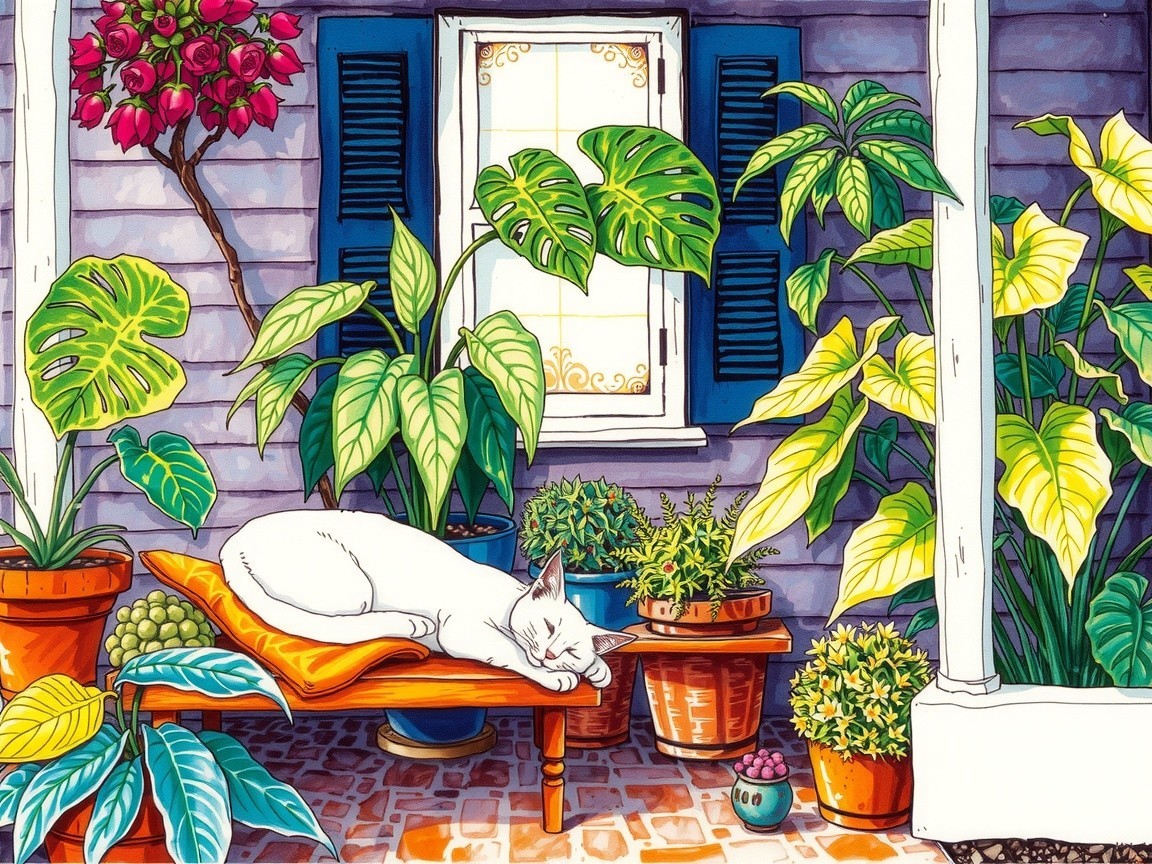 Cozy Porch with Plants and a Napping Cat