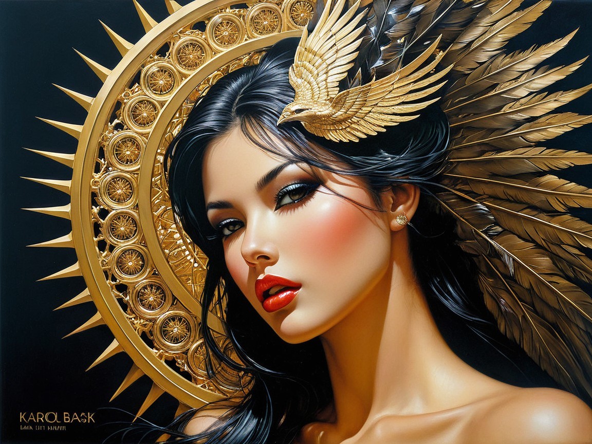 Stunning Woman with Black Hair and Golden Accents