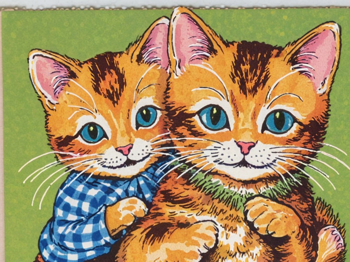 Illustration of Two Playful Orange Kittens on Green Background